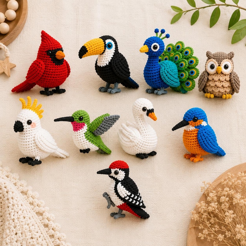 Zestaw 9 wzorów na szydełkowe ptaki, pluszowa zabawka amigurumi w formacie PDF (do pobrania w wersji cyfrowej) zdjęcie 8