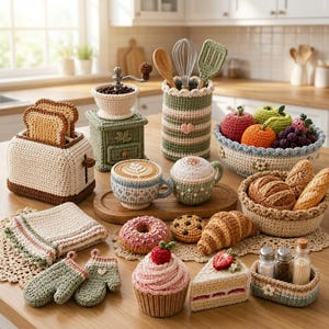 Puede incluir: Una colección de artículos de cocina tejidos a ganchillo que incluye una tostadora con pan, un molinillo de café, un porta utensilios, un frutero, tazas, una cesta de pan, un dónut, una galleta, un cruasán, una magdalena, un trozo de tarta y manoplas.