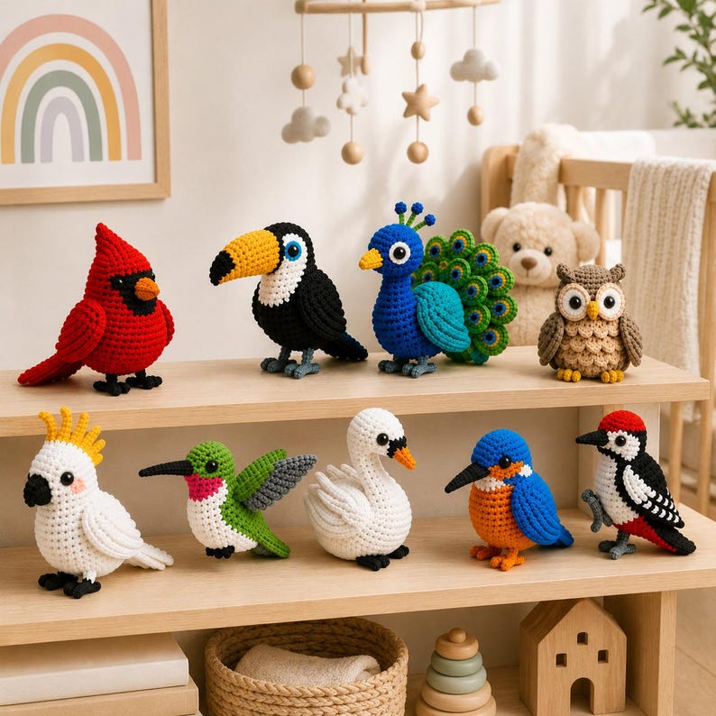 Zestaw 9 wzorów na szydełkowe ptaki, pluszowa zabawka amigurumi w formacie PDF (do pobrania w wersji cyfrowej) zdjęcie 10