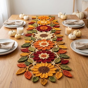 Patrón de camino de mesa de girasoles a crochet, guirnalda floral, hojas de otoño (descarga en PDF)