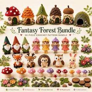 Può includere: Un set di 50 schemi all'uncinetto intitolato Fantasy Forest Bundle, che include sei case delle fate, otto personaggi, cinque animali del bosco, diciotto funghi e tredici decorazioni, tra cui gnomi, fate e animali della foresta.