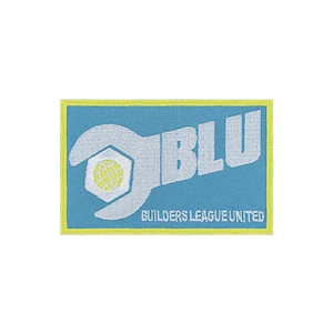 May include: A rectangular embroidered patch with a light blue background and a yellow border. It features a white wrench graphic, a white hexagon with a yellow globe icon, the white text BLU, and the white text BUILDERS LEAGUE UNITED.