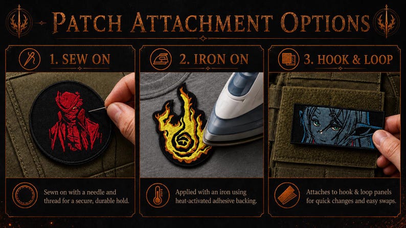 Op de afbeelding: Een instructieve afbeelding getiteld PATCH ATTACHMENT OPTIONS toont drie methoden: 1. SEW ON met naald en draad, 2. IRON ON met een hittegeactiveerde lijmlaag, en 3. HOOK & LOOP voor bevestiging aan panelen voor snelle en eenvoudige wissels.