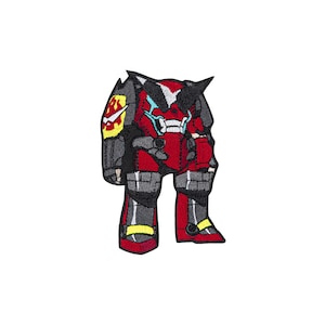 May include: An embroidered patch featuring a stylized robotic figure in red, black, and grey. The figure has a pointed head, a yellow shoulder emblem with a red flame design, and yellow accents on the feet. The design is outlined in black thread.