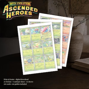 May include: A digital download sheet featuring nine printable trading cards per page, titled Mega Evolution Ascended Heroes. The cards display various green-themed creatures with text, stats, and cut guides on an A4 format layout for home printing.