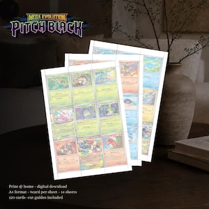May include: A digital download set of Mega Evolution Pitch Black trading cards on A4 sheets. The collection includes 120 cards with 9 cards per sheet across 14 sheets, featuring various colorful creature illustrations, text, and visible cut guides.