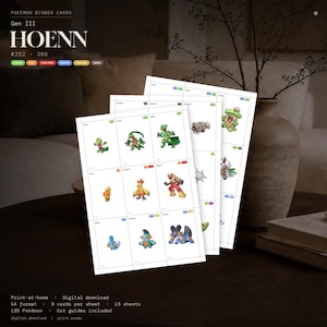 Op de afbeelding: Een set printbare Pokémon-binderkaarten met Gen III Hoenn-wezens genummerd 252 tot 386. De vellen tonen negen individuele karakterillustraties per pagina met kleurgecodeerde type-labels, snijgidsen en heldere witte achtergronden.