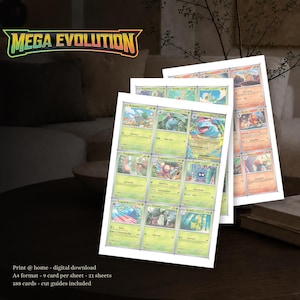 Peut inclure: Un ensemble de cartes à collectionner en téléchargement numérique avec la marque Mega Evolution. Les feuilles présentent plusieurs illustrations de personnages colorées avec du texte, des statistiques et des repères de coupe en croix.