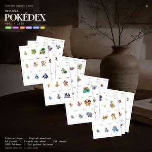 Op de afbeelding: Een verzameling printbare vellen met Pokémon-binderkaarten uit de Nationale Pokédex #001-1025. Elk wit vel bevat negen individuele kaarten met kleurrijke karakterillustraties, type-labels en snijlijnen voor het A4-formaat.