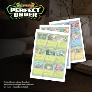 Op de afbeelding: Een digitale download met vellen printbare ruilkaarten met kleurrijke illustraties van diverse wezens. Elk vel bevat negen kaarten in een raster met zichtbare snijlijnen. De tekst Mega Evolution Perfect Order staat bovenaan afgebeeld.