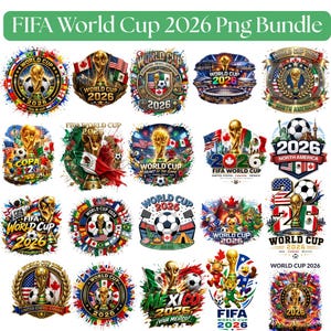 Może przedstawiać: Cyfrowa kolekcja grafik FIFA World Cup 2026 przedstawiająca trofeum turniejowe, piłki nożne, flagi narodowe Stanów Zjednoczonych, Kanady i Meksyku oraz kolorowe elementy graficzne typu splash, ułożone w siatkę do różnych kreatywnych projektów.