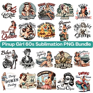 Retro Pin Up Girl Clipart Bundle PNG | Vintage 50s Rockabilly Women Graphics | Pinup Sublimation Designs |