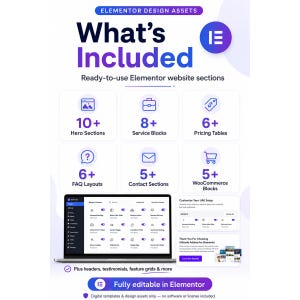 May include: A digital infographic titled Elementor Design Assets listing website sections including 10+ hero sections, 8+ service blocks, 6+ pricing tables, 6+ FAQ layouts, 5+ contact sections, and 5+ WooCommerce blocks, with a laptop screen display.