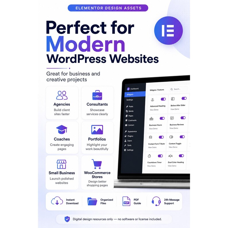May include: A digital graphic featuring the text Elementor Design Assets, Perfect for Modern WordPress Websites, and Great for business and creative projects. It displays a laptop screen showing a dashboard interface with purple icons and text.