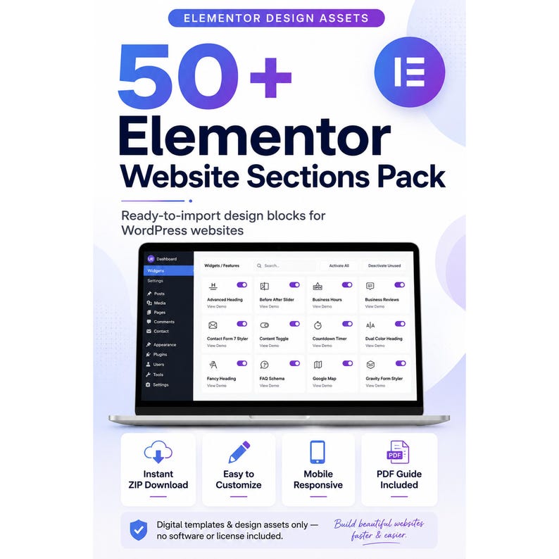 May include: A digital product graphic titled 50+ Elementor Website Sections Pack featuring a laptop screen displaying a WordPress dashboard interface with various widget settings, accompanied by icons for instant download, customization, and mobile responsiveness.