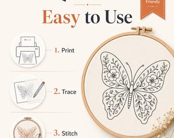 Large Floral Butterfly PDF Pattern, Hand Embroidery Hoop Art, Botanical Instant Download
