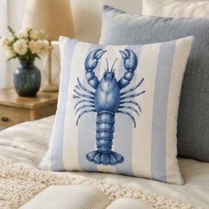 Blue Lobster Nautical Pillowcase | Coastal Striped Poly Twill