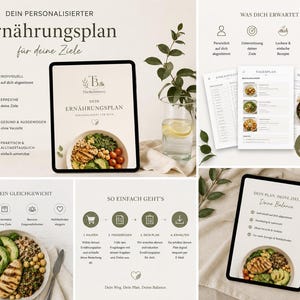 Puede incluir: Un plan de nutrición digital con el texto Ernährungsplan, que muestra ejemplos de comidas como pollo a la parrilla y aguacate, junto con guías paso a paso, listas de compras y páginas de recetas con iconos para objetivos personales.