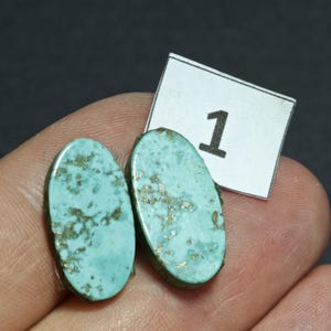 May include: Two oval-shaped turquoise gemstones with a light blue color and natural brown matrix inclusions. The stones are positioned next to a small white rectangular card featuring the black printed number 1. The surface of the stones is smooth.