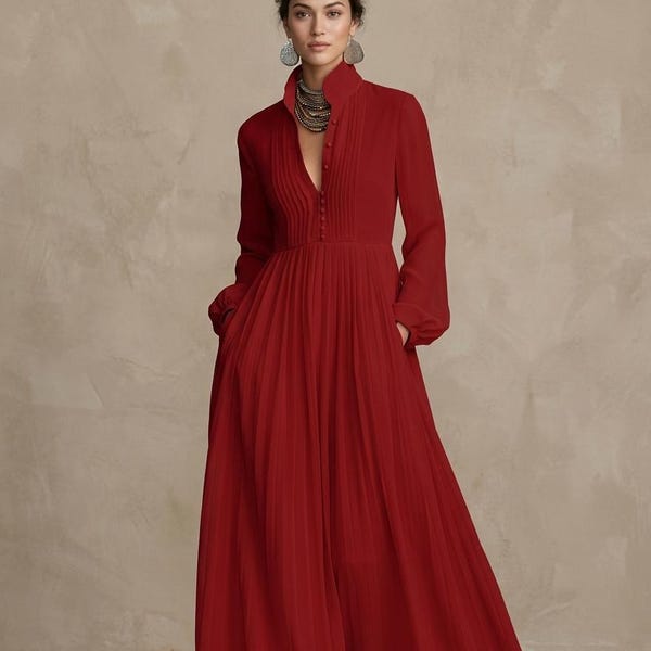 Elegant Pleated Maxi Dress – High Waist, Long Sleeve, Pockets Evening Wear