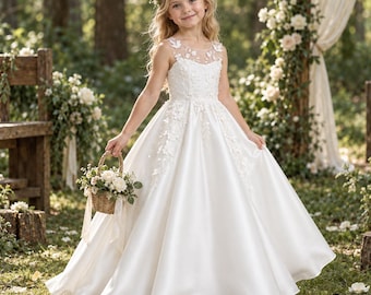 Ivory 3D Floral A Line Flower Girl Dress - Sleeveless Satin Floor Length Girls Formal Gown for Wedding Communion Birthday
