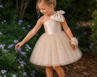 Custom Color One Shoulder Satin Flower Girl Dress, Bow Short Tulle Girls Party Dress, Wedding Princess Dress, Junior Bridesmaid