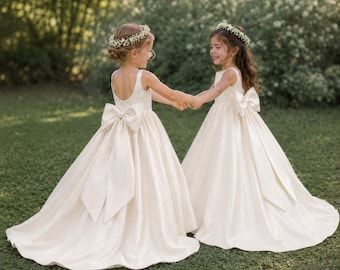 Custom Color U Back Satin Flower Girl Dress, Simple Sleeveless Girls Wedding Gown with Train, Junior Bridesmaid Dress