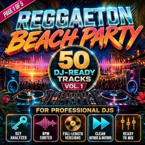 Può includere: Una grafica digitale per Reggaeton Beach Party con 50 DJ-Ready Tracks Vol. 1. L'immagine mostra una console per DJ, altoparlanti e palme al tramonto. Cinque icone quadrate in basso evidenziano caratteristiche come Key Analyzed e BPM Sorted.