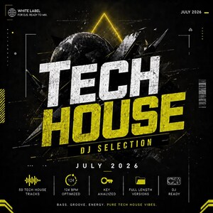 Peut inclure: Un graphique numérique pour une sélection DJ Tech House avec du texte blanc et jaune sur fond noir. Le design comprend une sphère centrale, des formes géométriques et des icônes représentant 50 pistes, 124 BPM, analyse de tonalité, versions complètes et préparation DJ pour juillet 2026.
