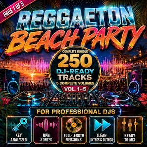 Può includere: Una grafica digitale per un pacchetto musicale Reggaeton Beach Party con mixer DJ, altoparlanti e palme al tramonto. Il testo include "Reggaeton Beach Party", "250 DJ-Ready Tracks", "Vol. 1-5" e "For Professional DJs" con icone.