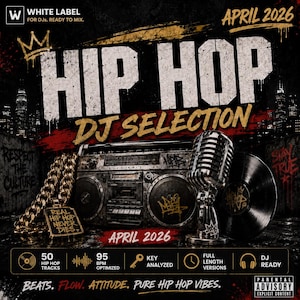 Może przedstawiać: Cyfrowa grafika dla selekcji DJ-a hip-hopowego z boomboxem, złotym łańcuchem z wisiorkiem Real Hip Hop Never Dies, srebrnym mikrofonem i płytą winylową. Tekst zawiera White Label, April 2026 oraz Parental Advisory.