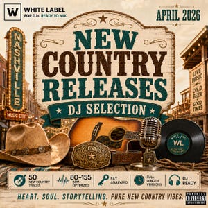 Può includere: Una grafica promozionale per le uscite New Country Releases DJ Selection di aprile 2026 con un cappello da cowboy beige, una chitarra acustica, un microfono vintage argentato, un disco in vinile e una grande fibbia decorata.