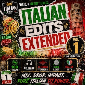 Può includere: Una copertina di compilation musicale digitale intitolata ITALIAN EDITS EXTENDED VOL 1. La grafica presenta una forchetta con spaghetti, la Torre di Pisa, uno scooter e icone per 100 tracce, DJ-ready, versioni estese e successi italiani.