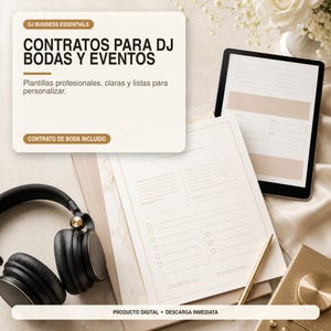 Può includere: Un set di modelli di contratto digitale per DJ con il testo "DJ BUSINESS ESSENTIALS", "CONTRATOS PARA DJ BODAS Y EVENTOS", "Plantillas profesionales, claras y listas para personalizar" e "CONTRATO DE BODA INCLUIDO" su tablet e carta.
