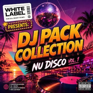 Puede incluir: Un gráfico digital que presenta una bola de discoteca sobre el texto DJ PACK COLLECTION NU DISCO VOL. 1. El fondo muestra una puesta de sol sobre una playa tropical con palmeras, gafas de sol y un disco de vinilo. Incluye texto de White Label.