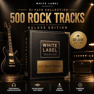 May include: A black box set titled White Label Premium Music Library DJ Pack Collection 500 Rock Tracks Deluxe Edition. The box features gold text and a gold seal. A black electric guitar is visible to the left of the box in this dark setting.
