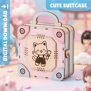 May include: A light pink and blue wooden suitcase with a top handle and a heart-shaped latch. The centre features a laser-engraved illustration of a cat wearing overalls and holding a flower. The text CUTE SUITCASE and DIGITAL DOWNLOAD appear.