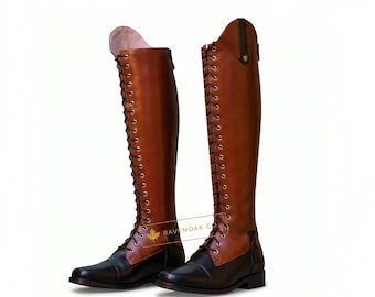 Men’s Tall Lace Up Riding Boots | Two Tone Leather Equestrian Boots | Handmade Horse Riding Footwear