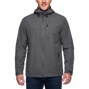 May include: A charcoal gray hooded jacket featuring a full-length front zipper, a vertical zippered chest pocket, and two lower zippered side pockets. The jacket includes adjustable cuffs with hook-and-loop closures and a drawstring hood.