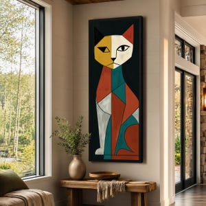 Cubist Cat Canvas Print, Angular Wall Art for Tall Narrow Spaces, Modern Geometric Feline Wall Decor
