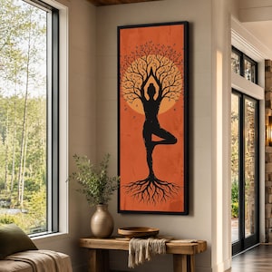 Yoga Tree Pose Wall Art, Tree Pose Print on Canvas, Chakra Tree Art, Soul Tree Decor, Tall Vertical Zen Meditation Art