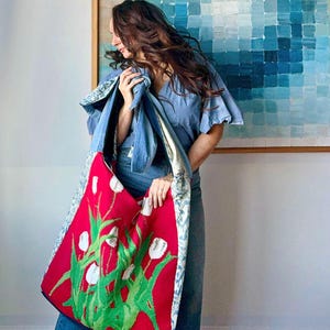 Vibrant UP-cycled Denim Floral Sweater Art Tote