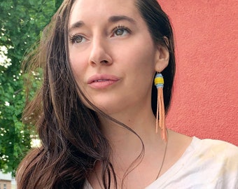 Hand-stitched Recycled Denim Leather Fabric Earrings - Coral Yellow Recycled Materials