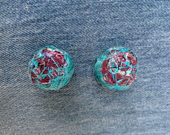 Colorful Recycled Fabrics Disc Earrings - Teal