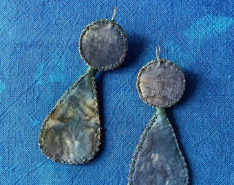 Blue Green Tie-Dye Hand-Stitched Recycled Fabric Earrings -Recycled Materials