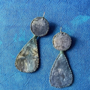 Blue Green Tie-Dye Hand-Stitched Recycled Fabric Earrings -Recycled Materials