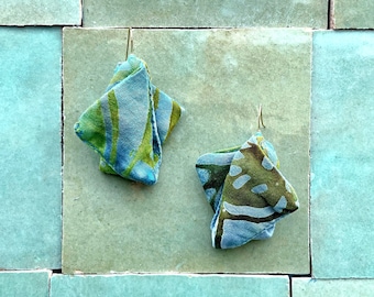 Recycled Blue Green Floral Print Fabric Earrings