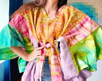 Colorful Recycled Fabrics Tie Top Jacket - One size - reclaimed vintage fabrics