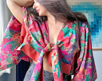 Fun Florals Recycled Fabrics Tie Top Jacket - One size - reclaimed vintage fabrics