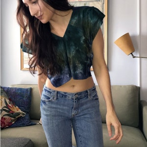 Tie-dye crop top, blue and green repurposed materials image 4